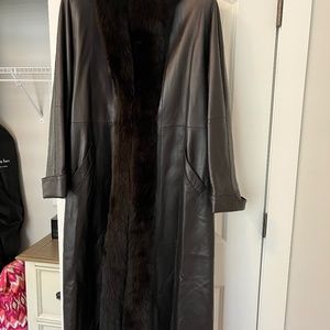 Long leather fur trimmed coat